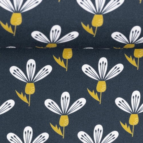 Baumwolle "Jule" dunkelblaue Blüten weiß gold